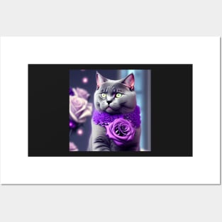 British Shorthair Enjoys Purple Roses Posters and Art